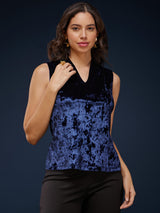 Velvet V Neck Top - Navy Blue