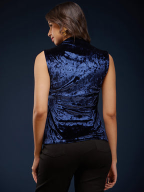 Velvet V Neck Top - Navy Blue