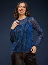 Metallic Look Pleated Lurex Top - Blue