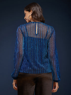 Metallic Look Pleated Lurex Top - Blue