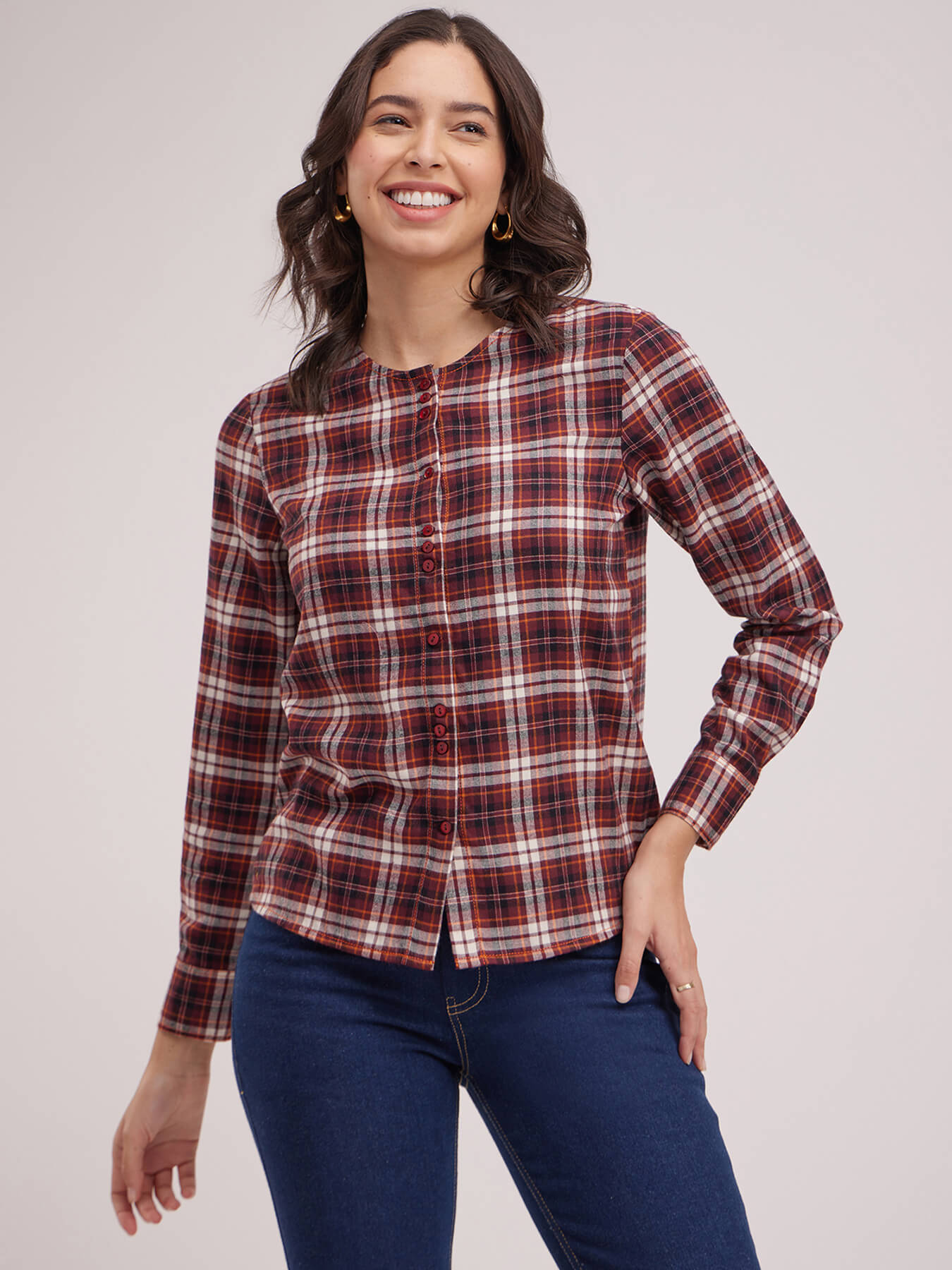 Round Neck Plaid Top - Maroon And White