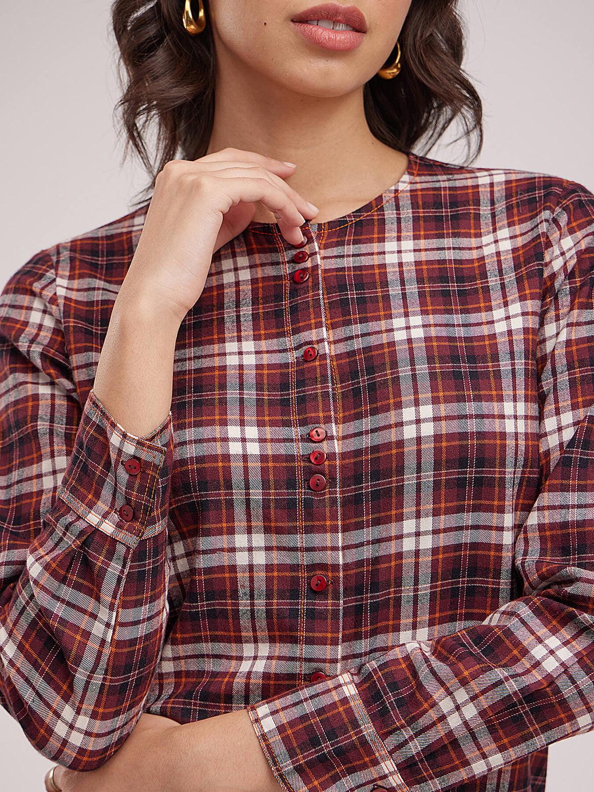 Round Neck Plaid Top - Maroon And White