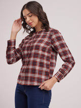 Round Neck Plaid Top - Maroon And White