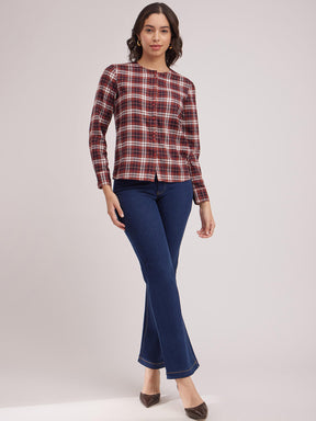 Round Neck Plaid Top - Maroon And White