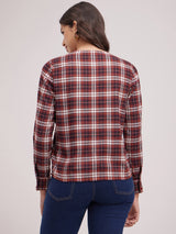 Round Neck Plaid Top - Maroon And White