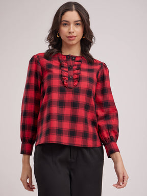 Ruffle Detail Plaid Top - Black And Red