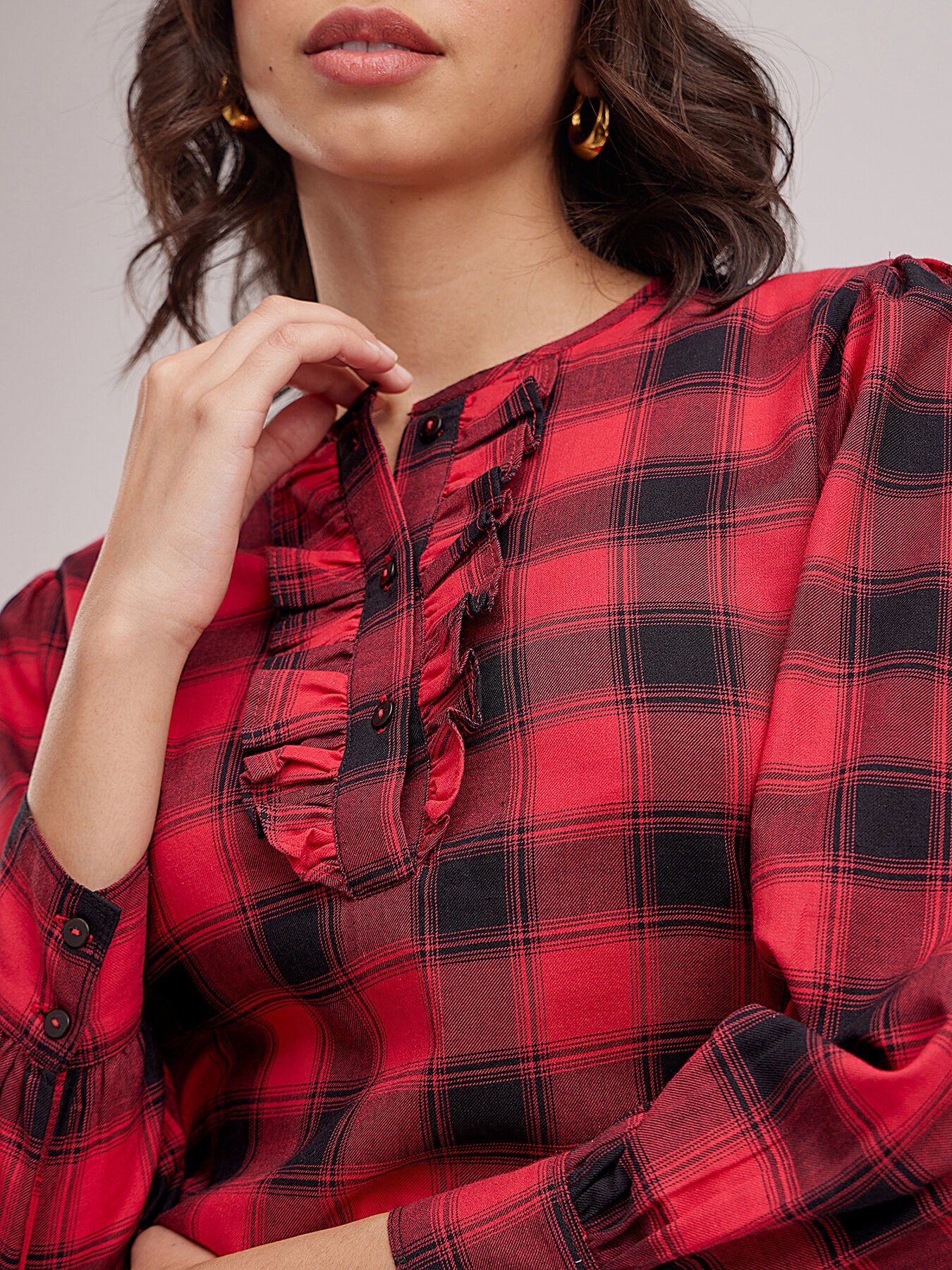 Ruffle Detail Plaid Top - Black And Red