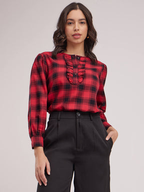 Ruffle Detail Plaid Top - Black And Red