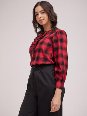 Ruffle Detail Plaid Top - Black And Red