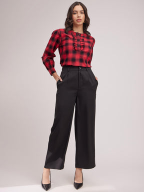 Ruffle Detail Plaid Top - Black And Red