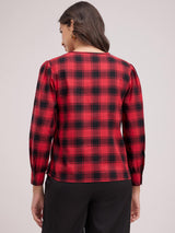 Ruffle Detail Plaid Top - Black And Red