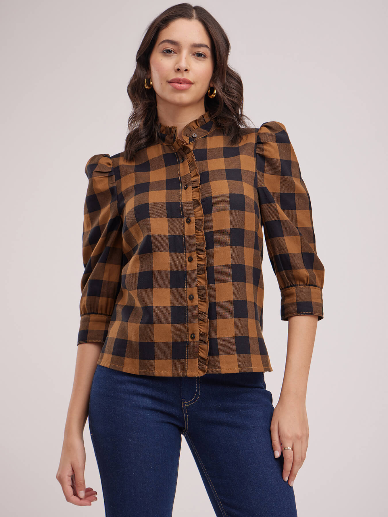 Mandarin Collar Plaid Top - Black And Brown