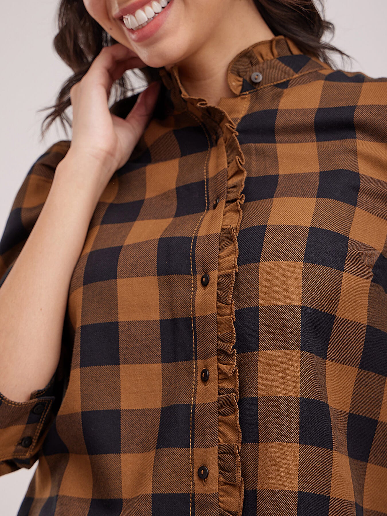 Mandarin Collar Plaid Top - Black And Brown