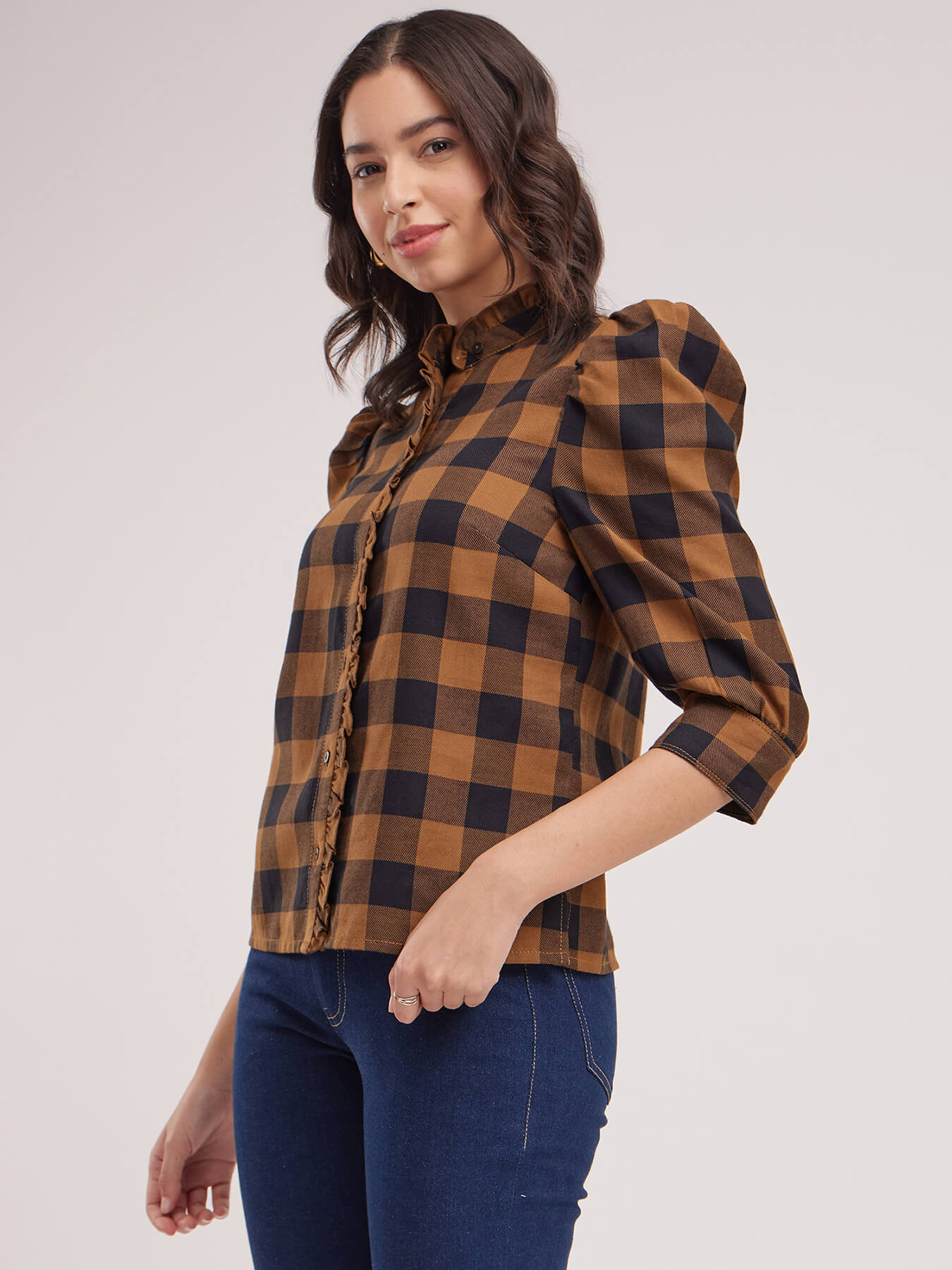 Mandarin Collar Plaid Top - Black And Brown