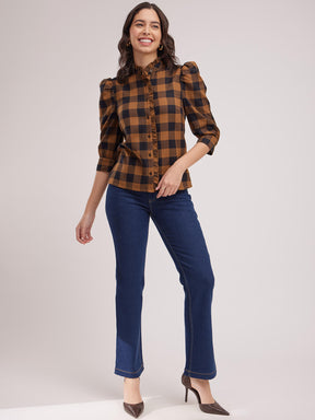 Mandarin Collar Plaid Top - Black And Brown