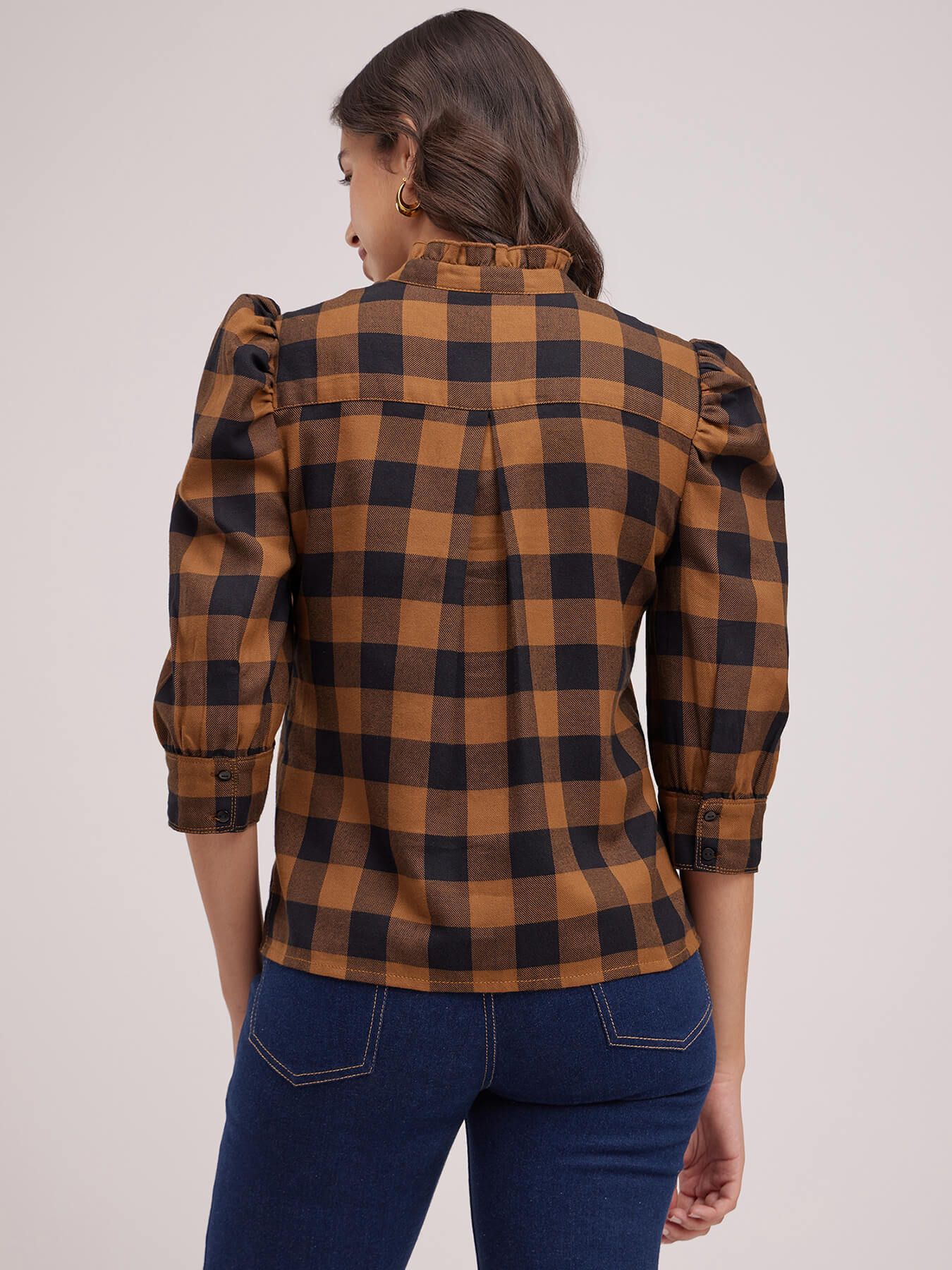 Mandarin Collar Plaid Top - Black And Brown