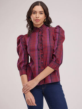 Mandarin Collar Plaid Top - Navy Blue And Red