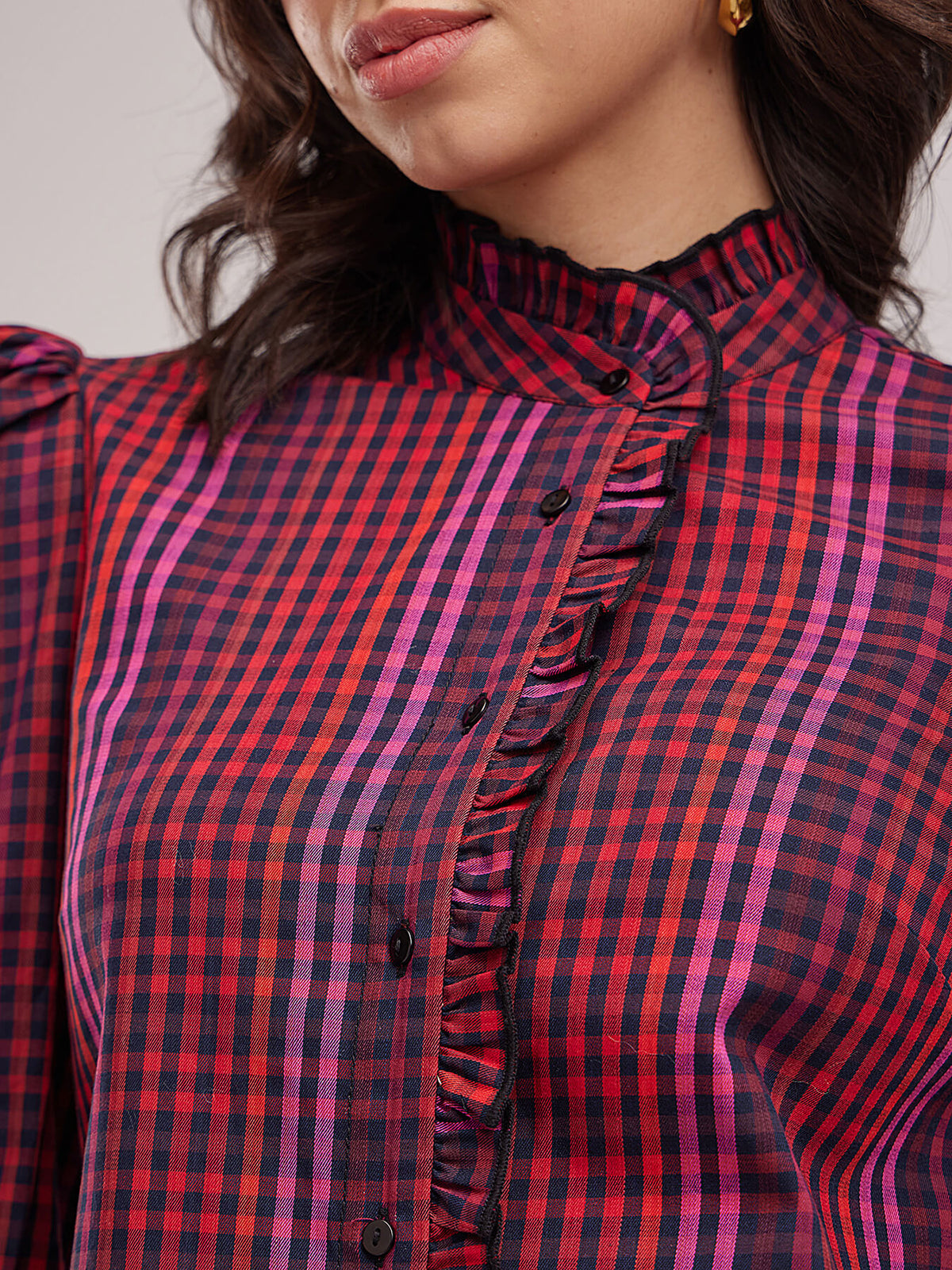 Mandarin Collar Plaid Top - Navy Blue And Red