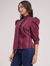 Mandarin Collar Plaid Top - Navy Blue And Red