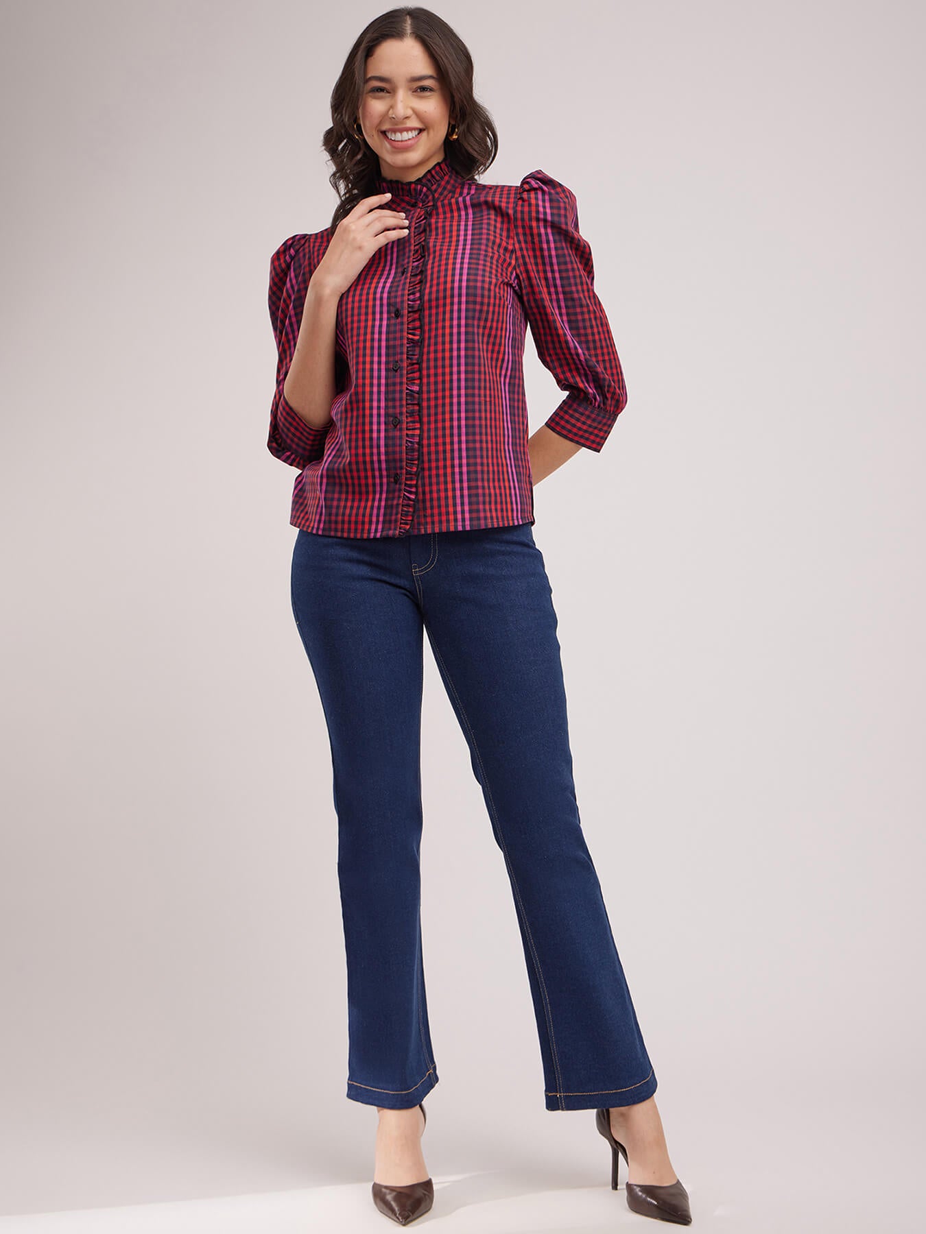 Mandarin Collar Plaid Top - Navy Blue And Red