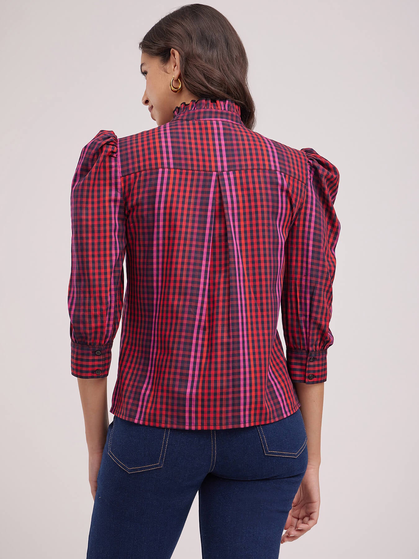 Mandarin Collar Plaid Top - Navy Blue And Red