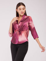 Satin Shawl Collar Ombre Top - Maroon