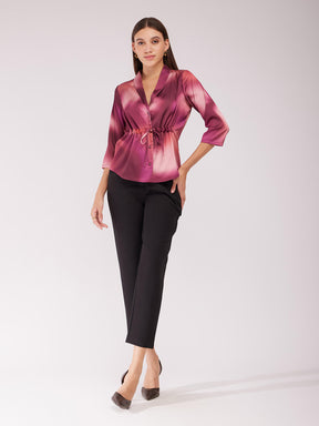 Satin Shawl Collar Ombre Top - Maroon