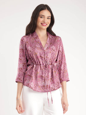 Satin Floral Tie-Up Top - Pink