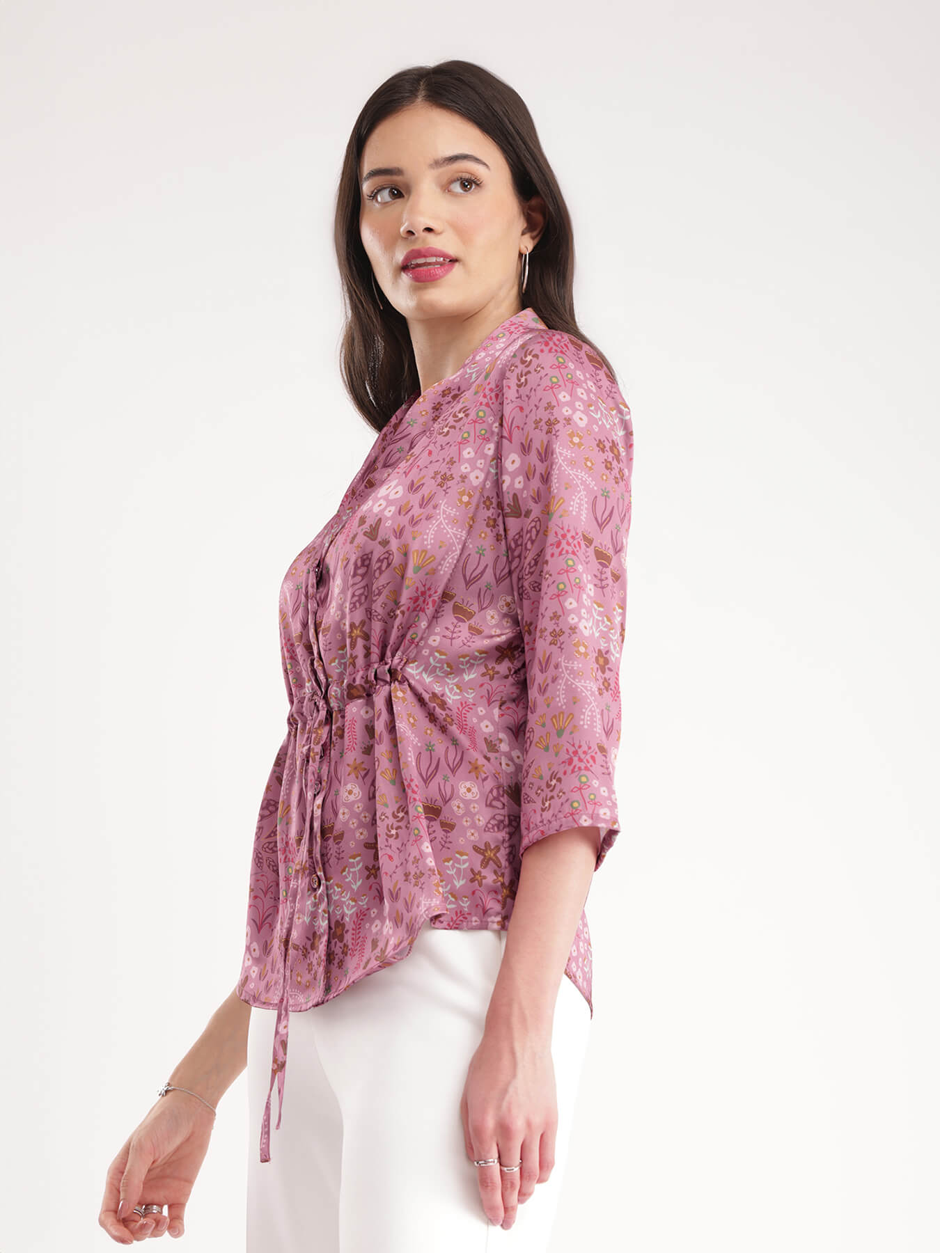 Satin Floral Tie-Up Top - Pink