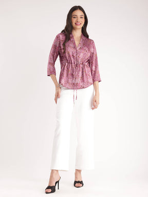 Satin Floral Tie-Up Top - Pink