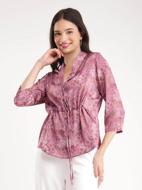 Satin Floral Tie-Up Top - Pink