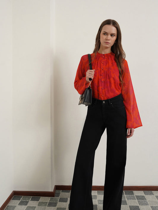 Chiffon Round Neck Top - Orange