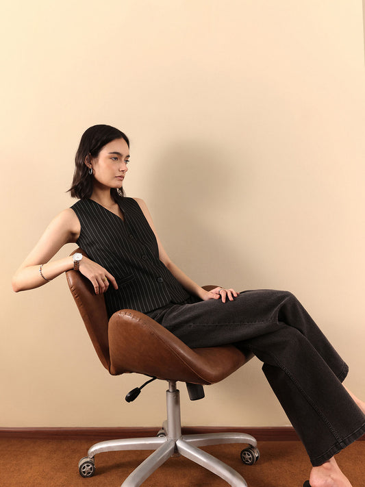 Woven Stripes Waistcoat - Black And White