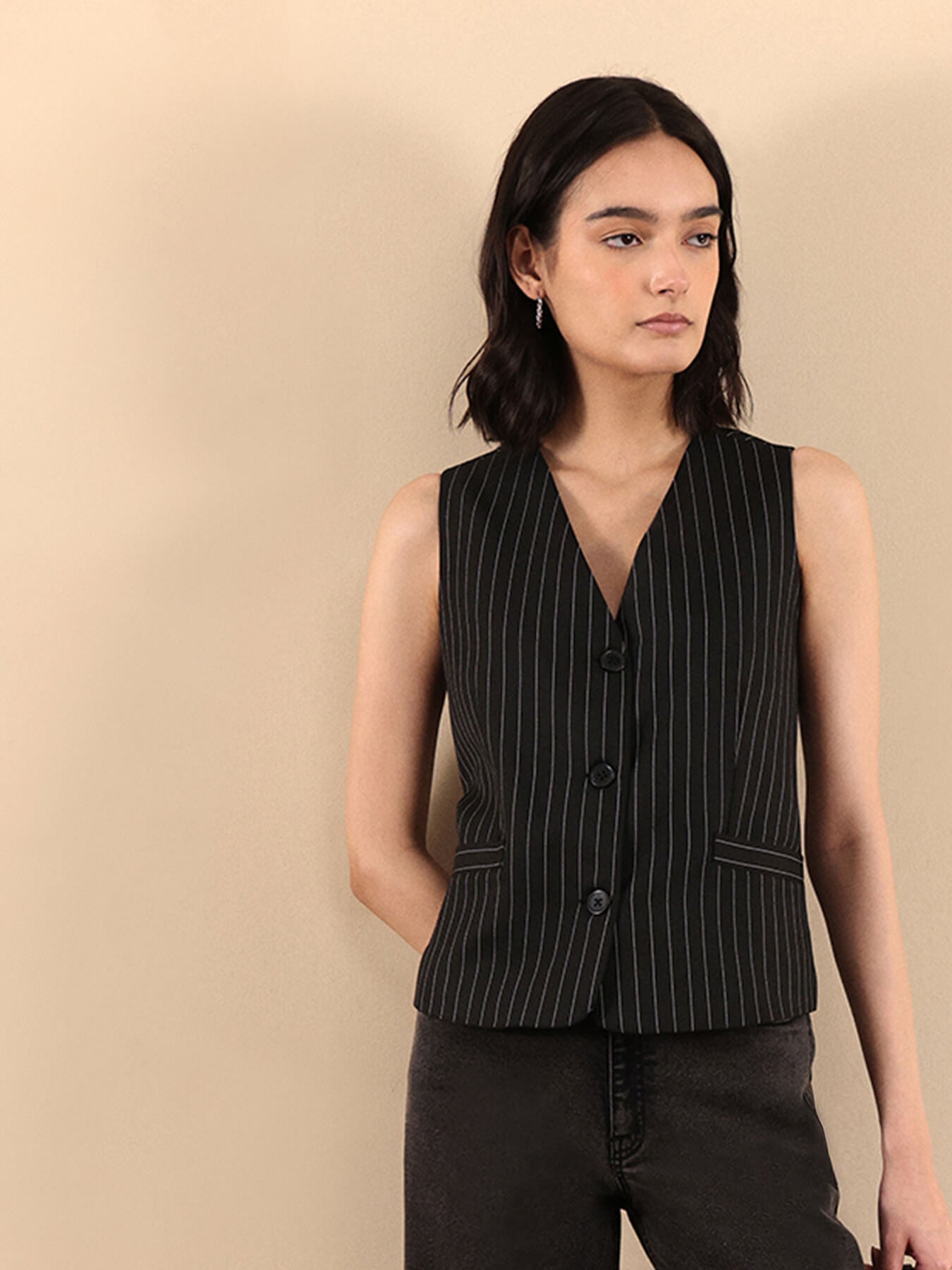 Woven Stripes Waistcoat - Black And White