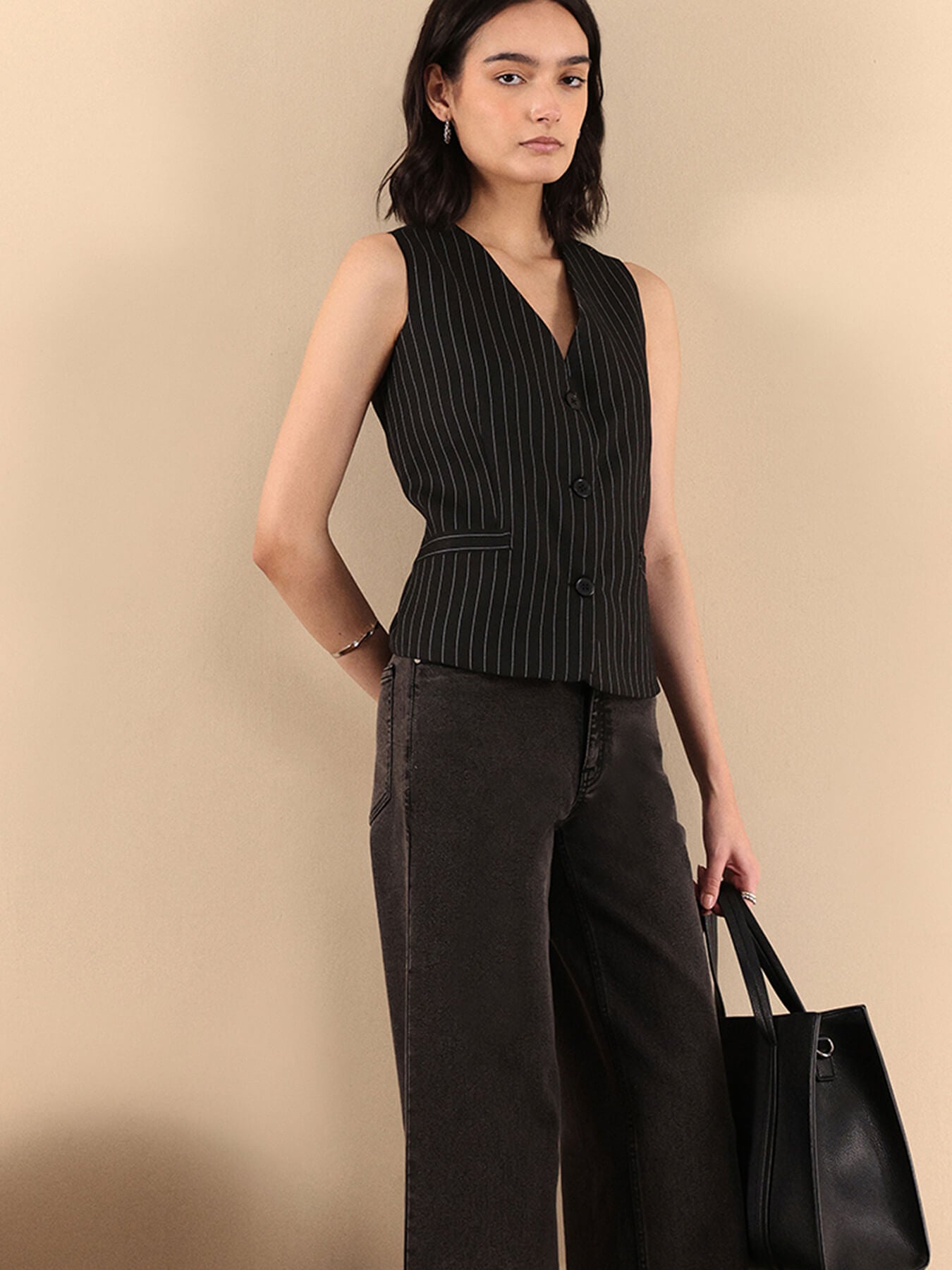 Woven Stripes Waistcoat - Black And White