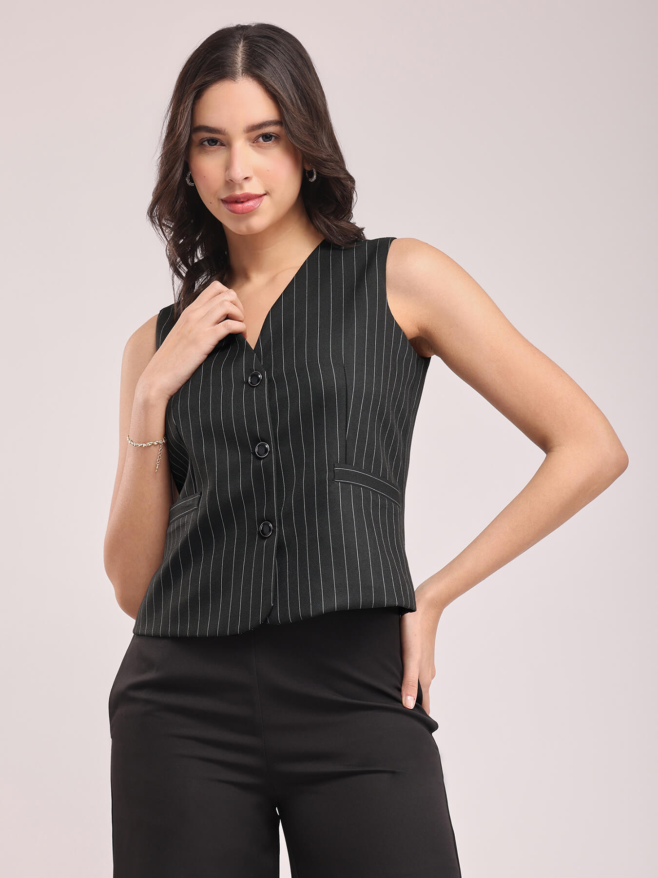 Woven Stripes Waistcoat - Black And White