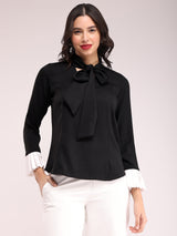 Tie-Up Neck Colour Block Top - Black