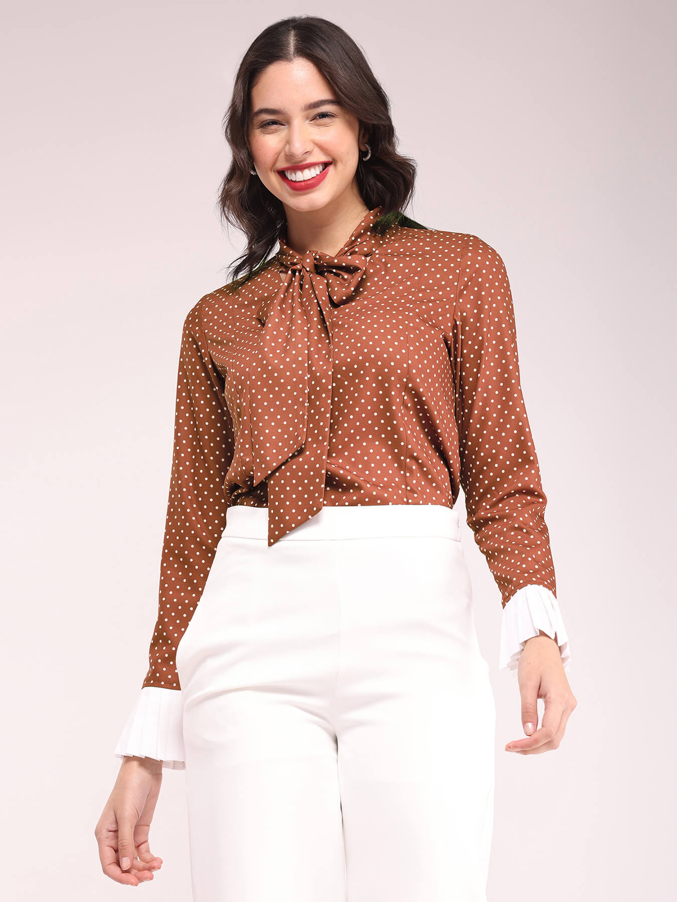 Polka Print Tie-up Top - Brown