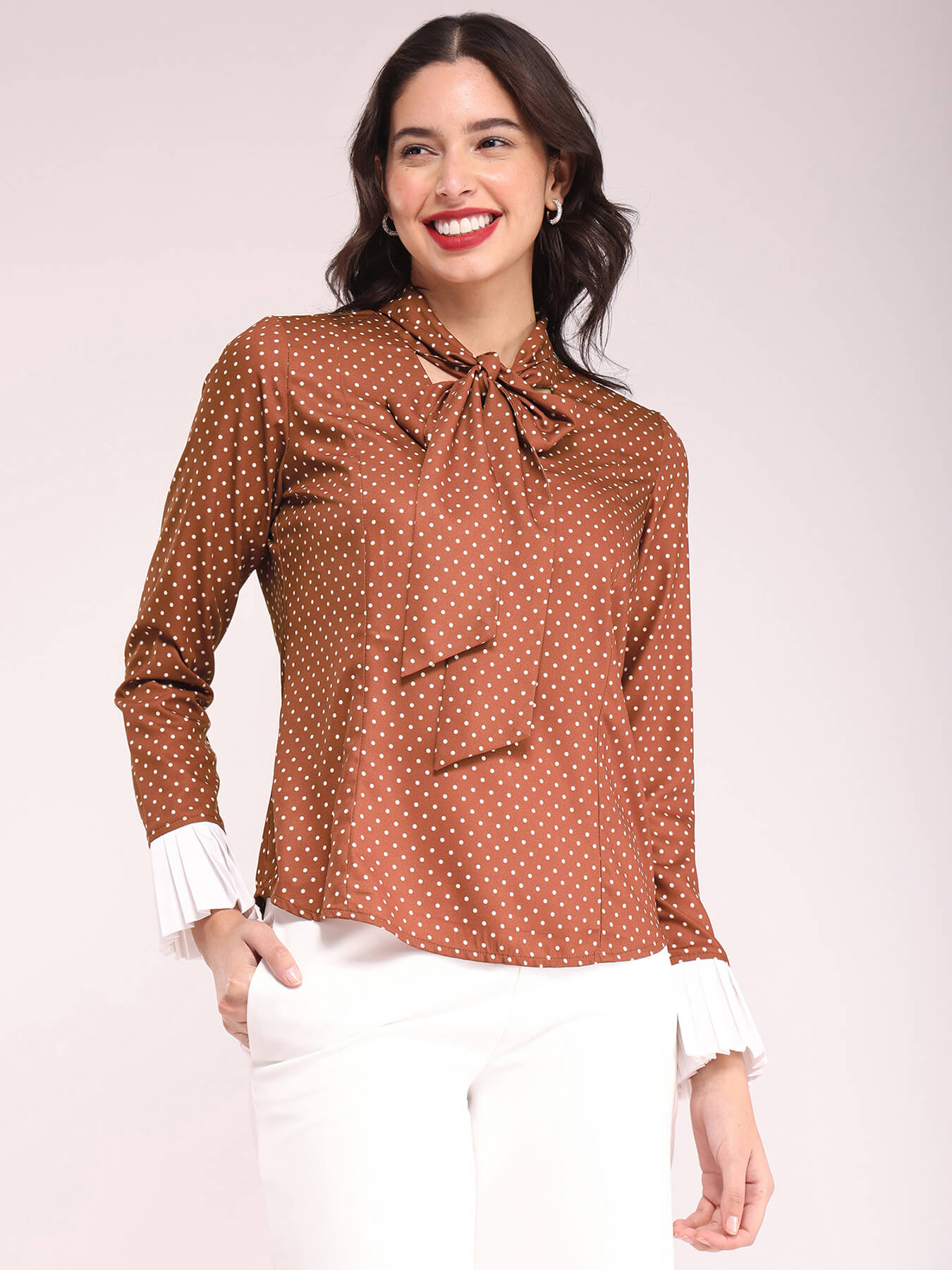 Polka Print Tie-up Top - Brown