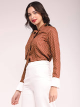 Polka Print Tie-up Top - Brown