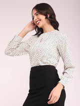 Polka Print Pleat Detail Top - Off-White