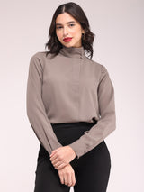 High Neck Side Placket Top - Grey