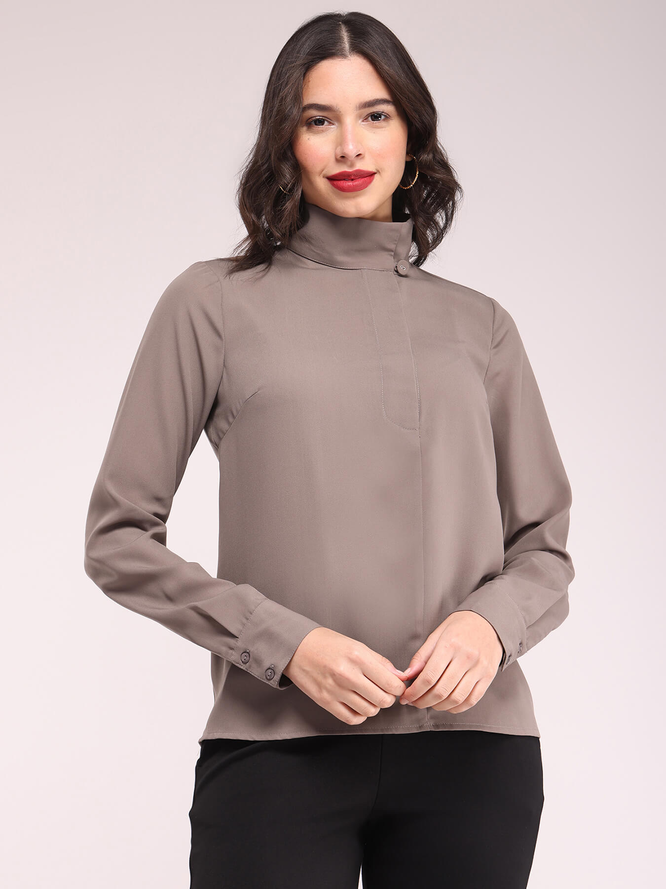 High Neck Side Placket Top - Grey