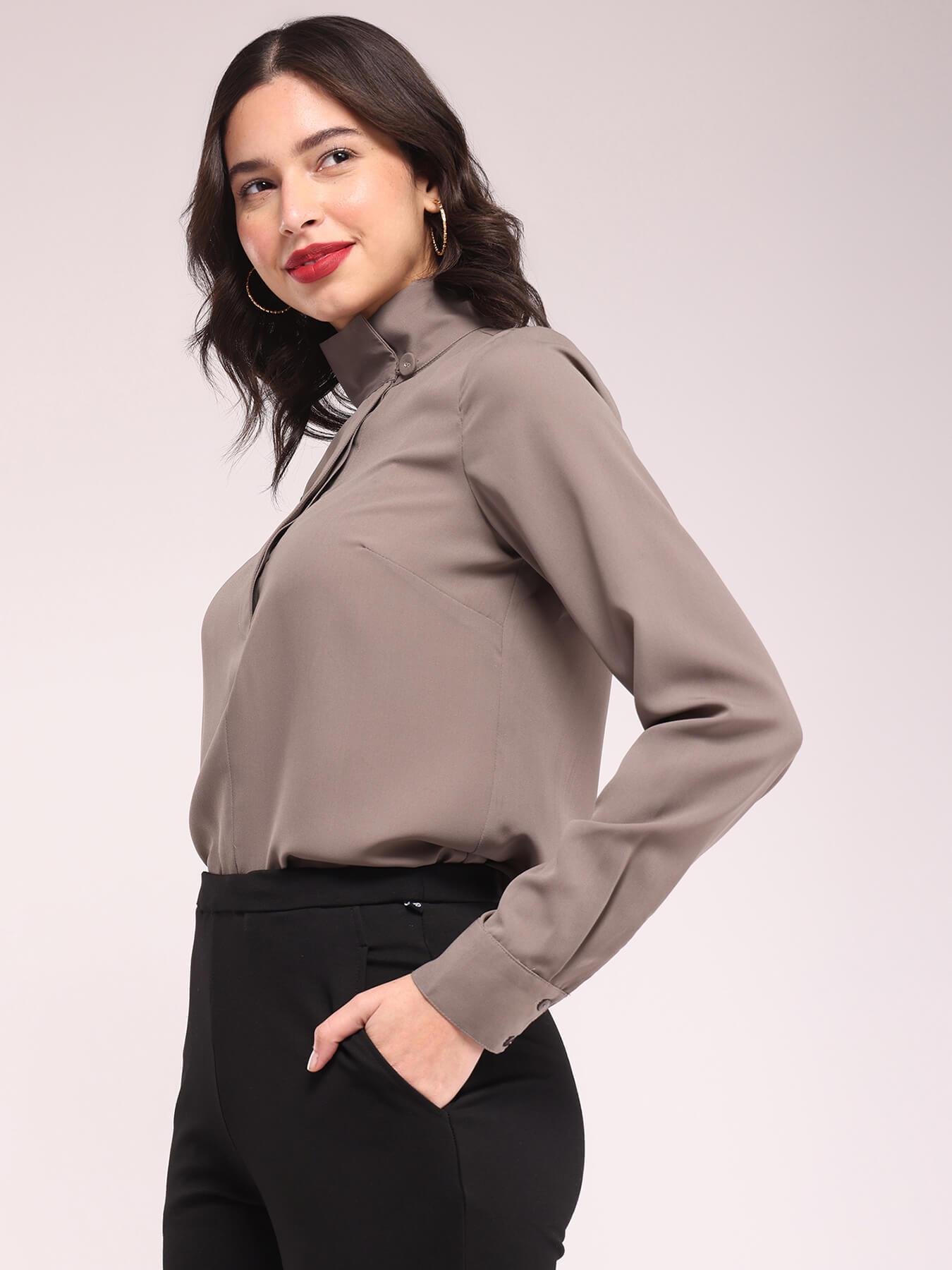 High Neck Side Placket Top - Grey