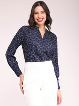 Geometric Print Top - Navy Blue