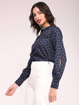 Geometric Print Top - Navy Blue