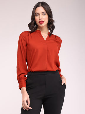 Mandarin V-Neck Top - Rust