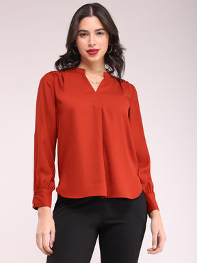 Mandarin V-Neck Top - Rust