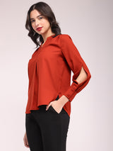 Mandarin V-Neck Top - Rust