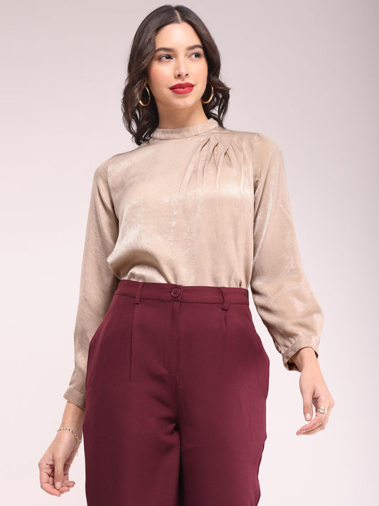 Satin Shoulder Pleat Detail Top - Beige